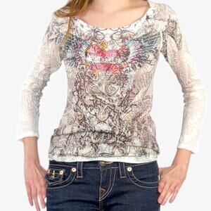 Papaya Y2K Floral Scroll Rhinestone Love Tattoo Art Printed Long Sleeve Tee Sz L